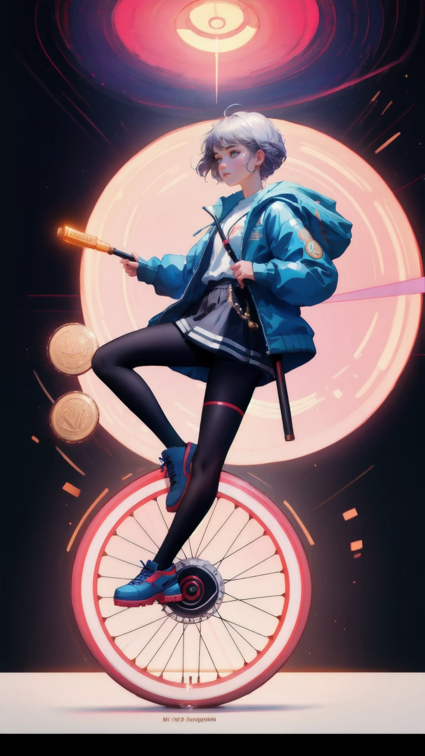 there is a young cute girl riding a unicycle on a bike with a coin on it, coin, no medals, rob mcnaughton, by Mike Winkelmann, fan art, mooniq priem, finnstark, no gold, jen bartel, winning artwork, coin with the letter n, cover shot, award winning cgi, inspired by Mike Winkelmann