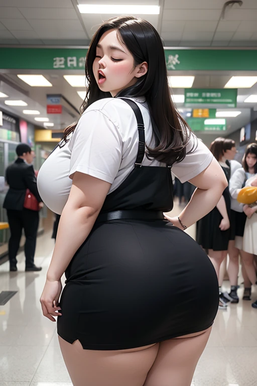 Sexy bbw girl standing in subway wearing middle school uniform, Close your eyes, sweat and look miserable, Open your mouth and stick your tongue out, Emphasize huge butt