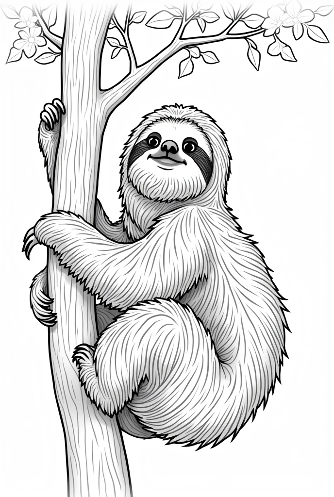 Generate a black and white illustration suitable for coloring books, sloth