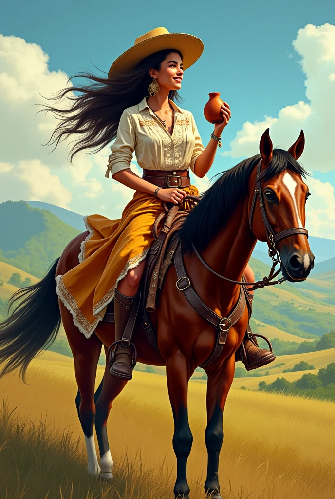 Brazilian woman wearing gaucho clothing riding a Creole horse and holding a chimarrão (mate) in a wedge in her hand while looking at the landscape