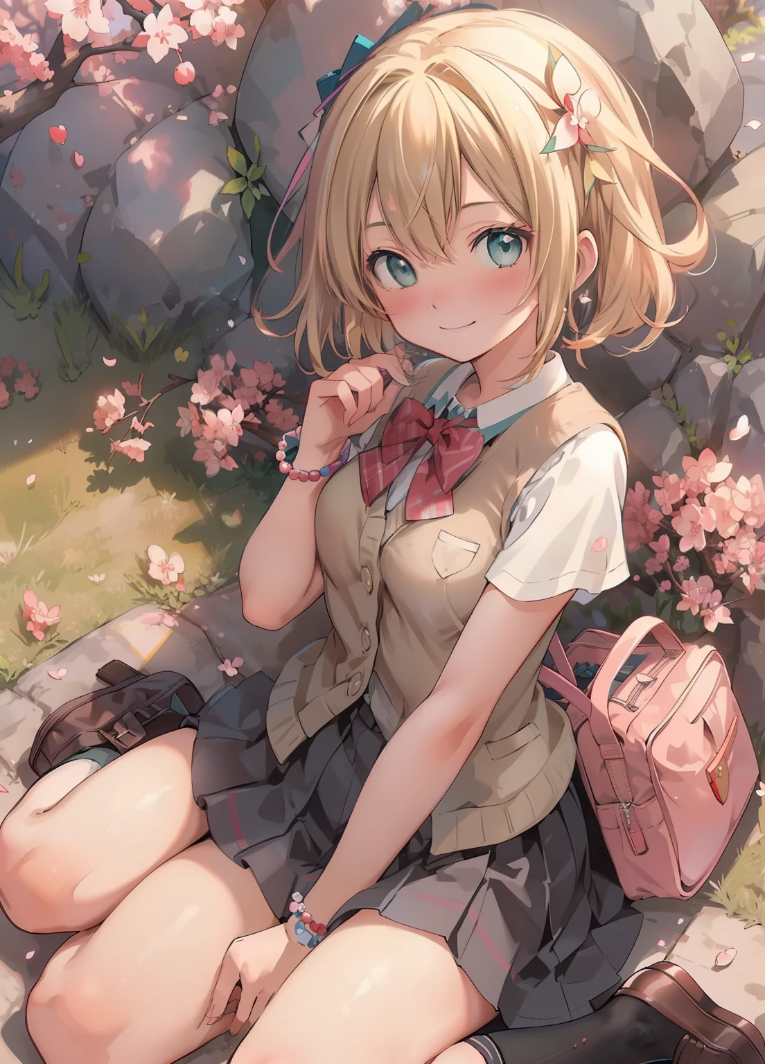 (masterpiece、Highest quality、Highest quality、Official Art、Beautiful and beautiful:1.2)、(One person:1.3)Hatsune Miku、Twin tails,Beautiful breasts, Katsushika Hokusai,One personアミティ, cute, Green Eyes, Blonde, short hair, bracelet, jewelry, Have,Grin, Reaching out, Wide shot from above sitting, Respect, warm light sunset, rays light sgardenles lens flare deep shadows, 被写界深度 比類のないWind景 感傷的, Peachland, wonderful, (cherry blossoms), garden, petal, Wind, school uniform , Brown vest , Red tie , Knee-high socks, loafers, school bag