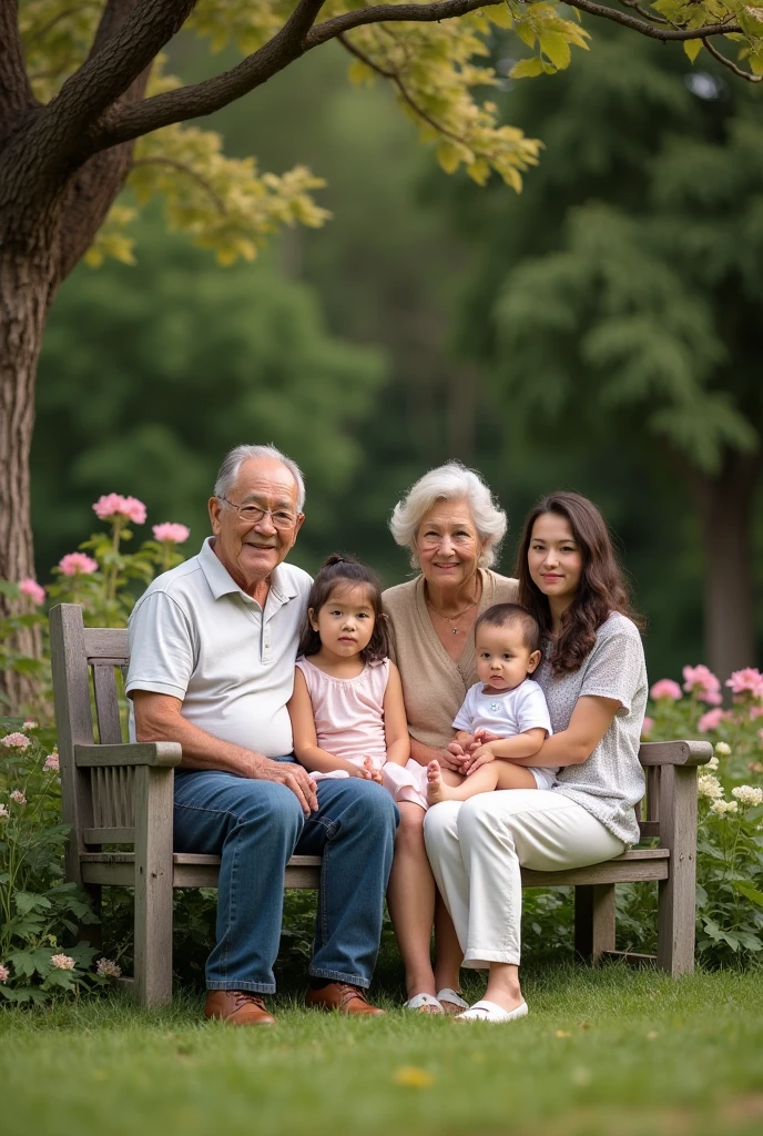 In this photograph, a multi-generational family gathers in a picturesque outdoor setting. The grandparents sit on a bench, surrounded by their children and grandchildren. The natural surroundings and relaxed poses convey a sense of enduring connection and the deep roots of familial relationships.