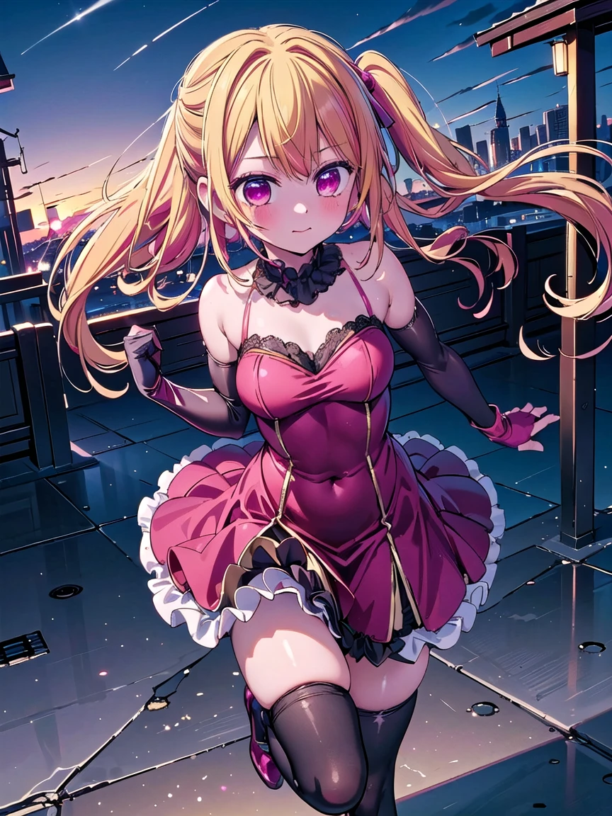 ((Top quality)), ((Masterpiece)), ((best quality:1.2,)) (((Hoshino Ruby , 1girl, solo,))), (((Thigh high stocking, evening gown, enamel elbow gloves)))