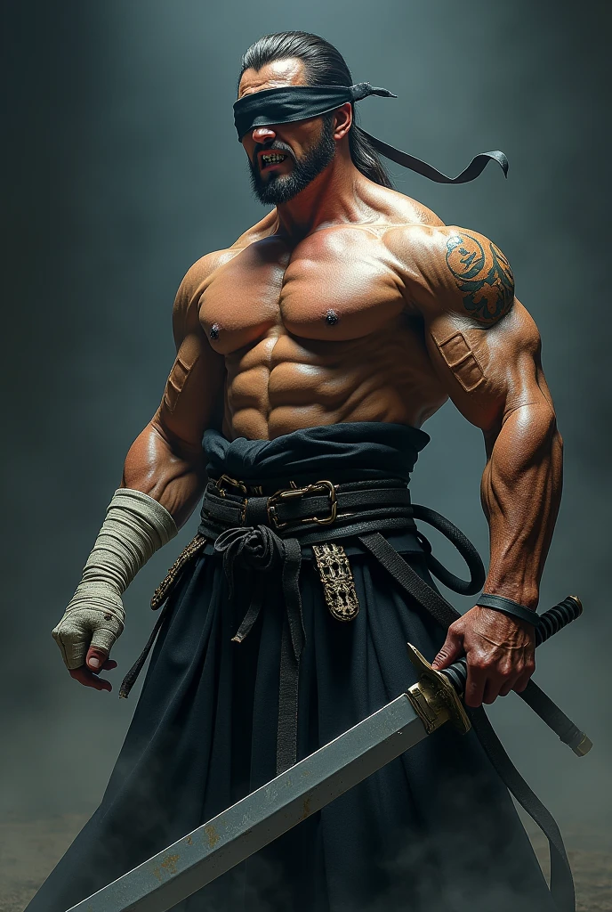 Black fold,Brown Skin,Fangs in the mouth,With a giant sword,Male monster,Bandaged hand,samurai,Japanese style、muscle,(Surrealism 1.4),(translucent,Reflex muscles),Japanese,Background Night