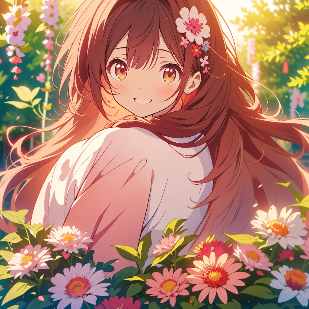 kawaii, anime, Cute, hyper quality, highly detailed, 8k, Clarity, Draw facial expressions in detail, Girl with long dark brown hair and green eyes, red aster flower, red and white aster flowers, whole body, love, smile, A young smiling girl with pale pink scarlet eyes., peek from behind, good mood,  with light pink hair, 