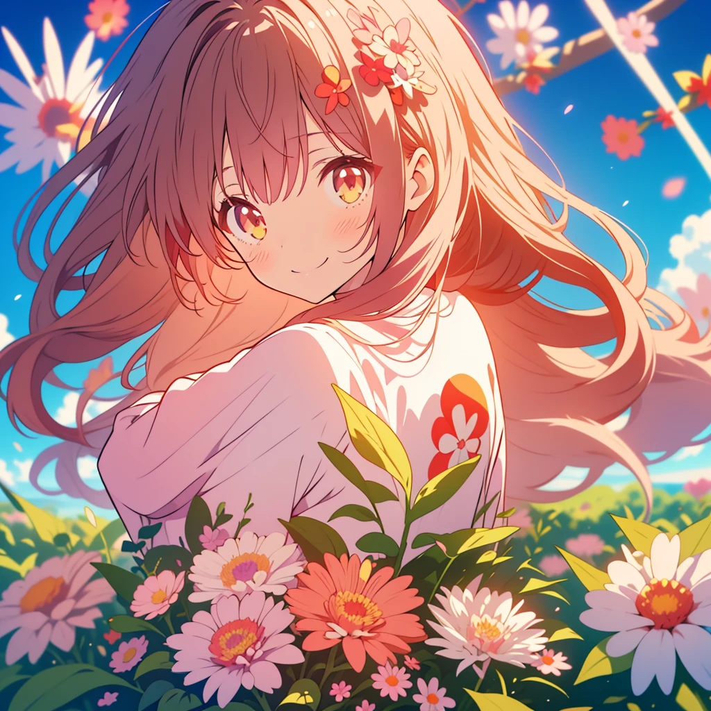 kawaii, anime, Cute, hyper quality, highly detailed, 8k, Clarity, Draw facial expressions in detail, Girl with long dark brown hair and green eyes, red aster flower, red and white aster flowers, whole body, love, smile, A young smiling girl with pale pink scarlet eyes., peek from behind, good mood, with light pink hair,