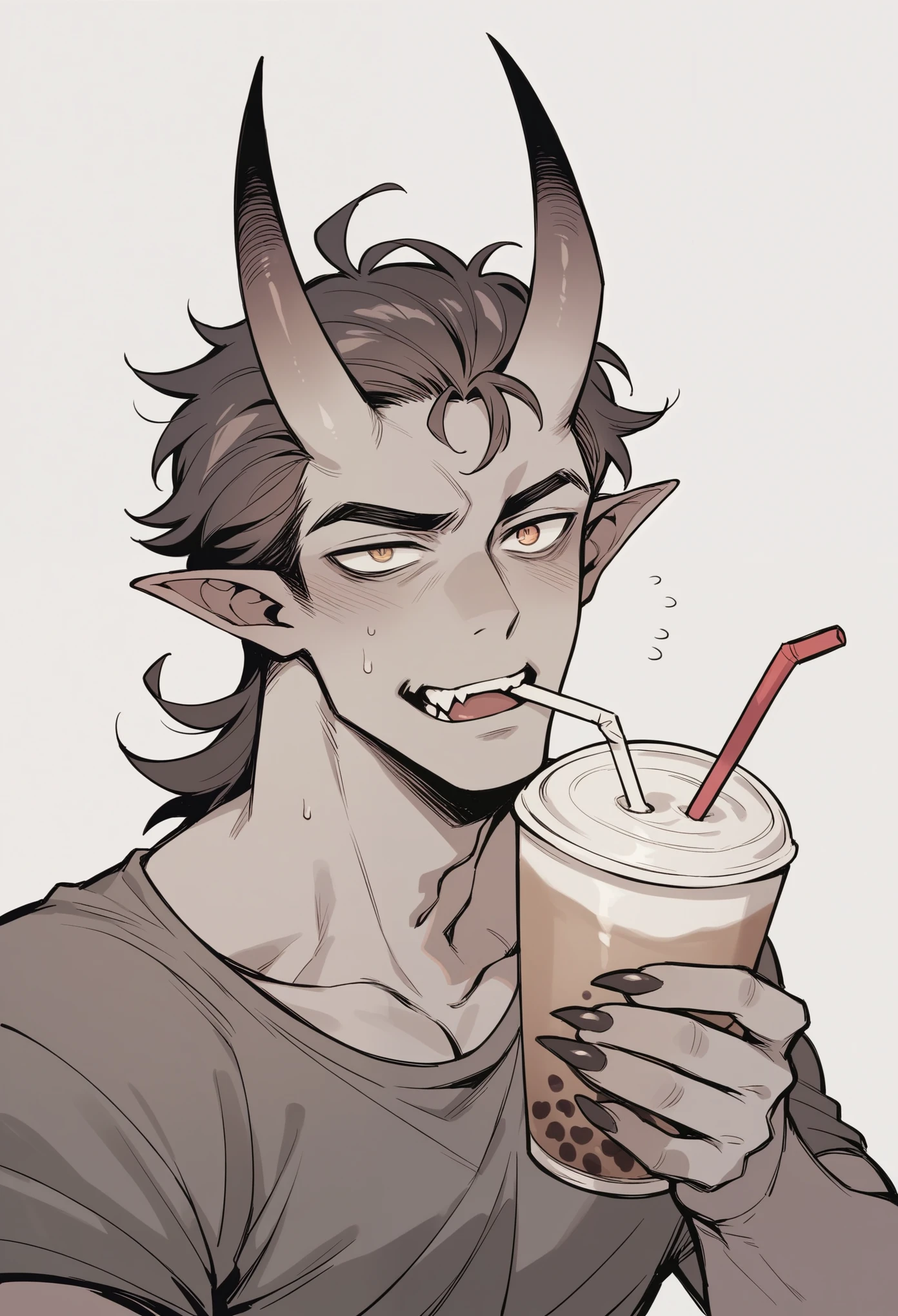 With a terrifying face,Shake the tea,Trying to throw,Demon race,male
