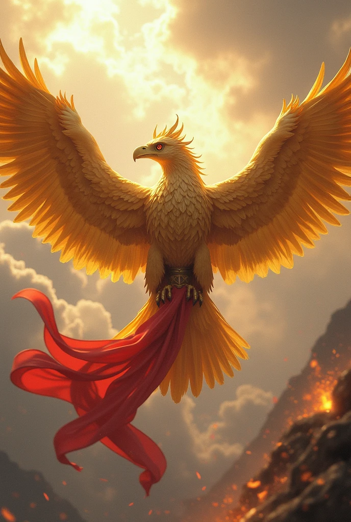 The golden Garuda bird carries a red and white cloth destroying
