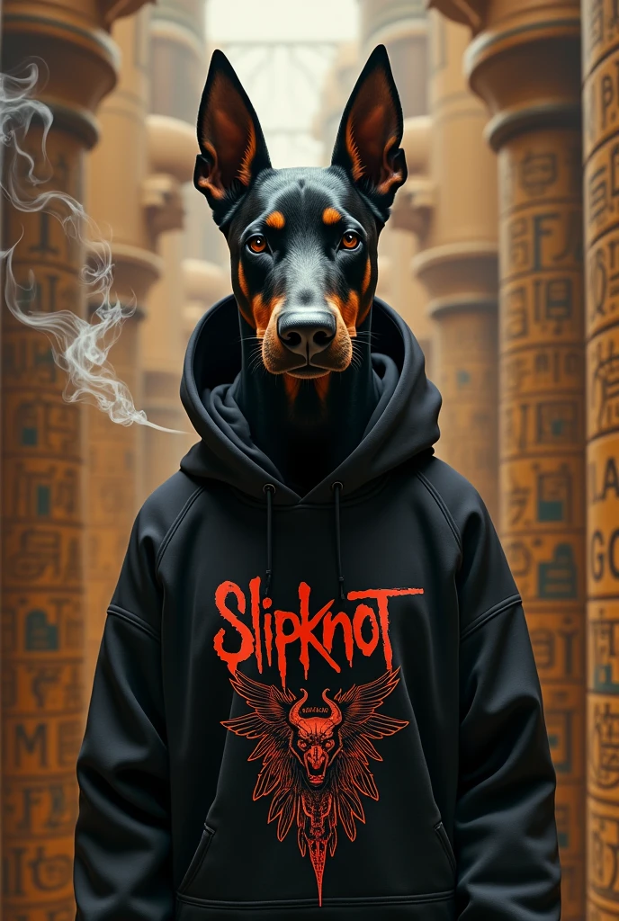 Doberman who likes Slipknot In Slipknot clothes Egyptian God He smokes weed