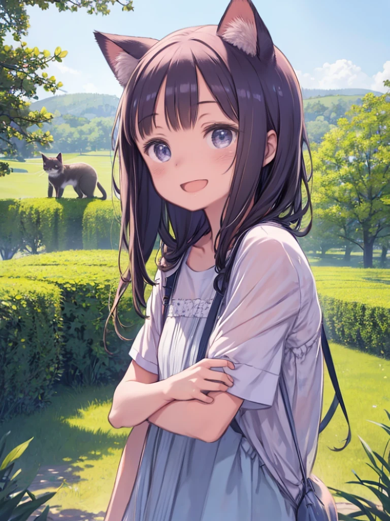 smileで猫を胸に抱える少女、Realistic Cat、smile、Open your mouth a little、Upper Body、Summer landscape、