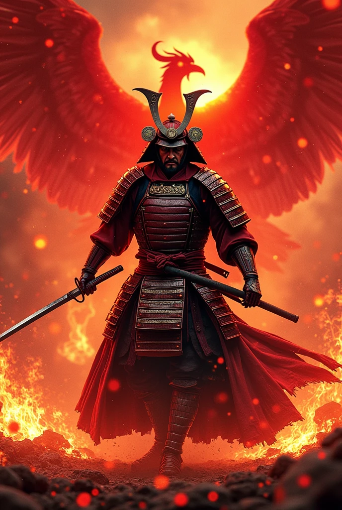 masterpiece、最high resolution、high resolution、Detailed Description、beautiful、art、One Samurai、Samurai surrounded by red flames、Beautiful armor、Wearing a red aura、Samurai brandishing a sword、Sharp-eyed Samurai、A glare at me、The sword is engulfed in red flames、battlefield、red-glowing Vermilion Bird (god said to rule over the southern heavens) on background、A tense scene、Ink Painting、Movie poster motif、Inspired by The Last Samurai、4K Graphics、