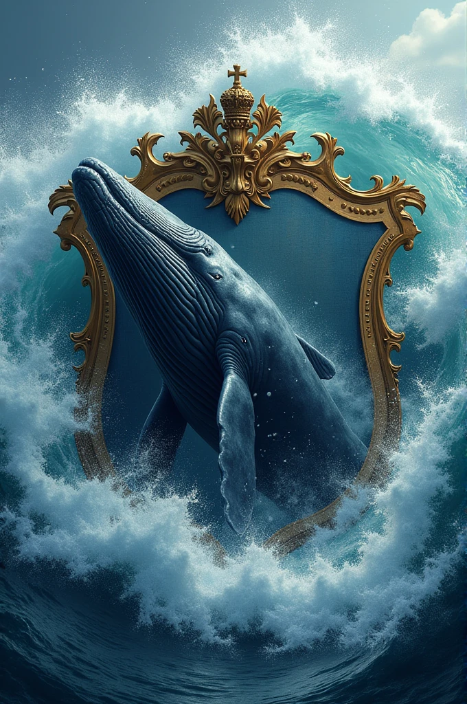 Logo of a whale emerging from a coat of arms on top of a wave