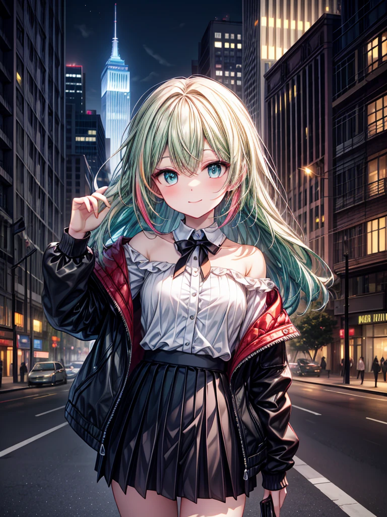 One person, black_skirt, green_hair, building, city, cityscape, hair_between_eye, Jacket, Looking_in_Audience, Moderate_hair, Multicolor_hair, multiple_, night, off_shoulder, Outdoor, pleined_skirt, road, shirt, skirt, Skyscraper, smile, 一人in_concentrated, street, white_shirt