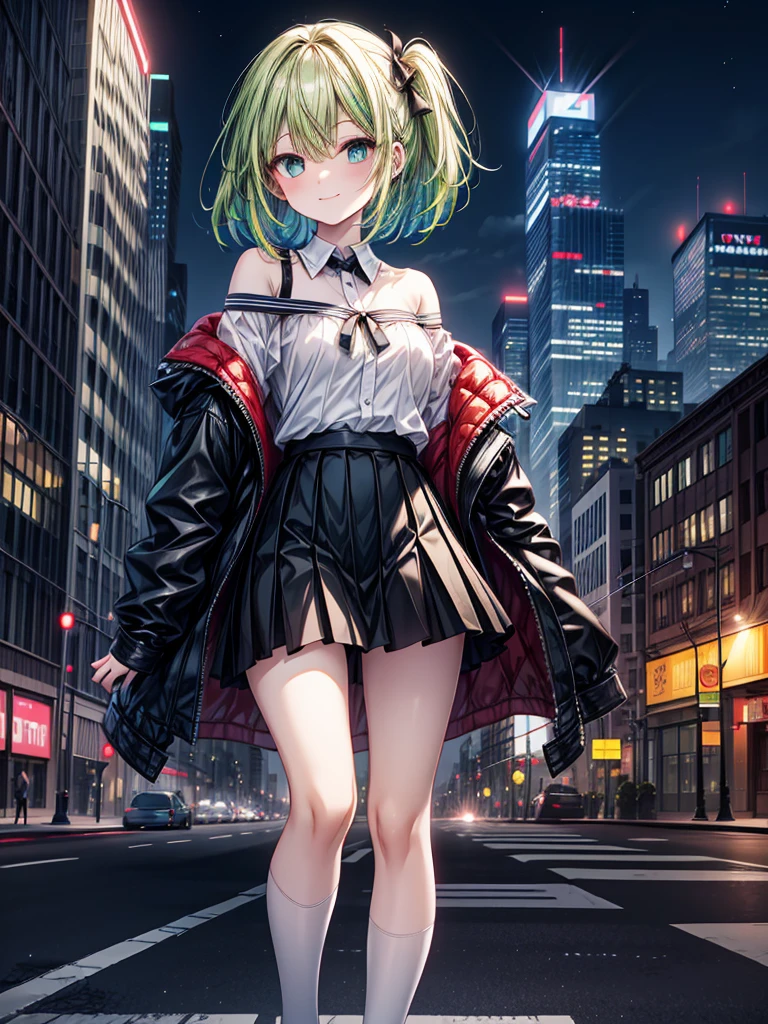 One person, black_skirt, green_hair, building, city, cityscape, hair_between_eye, Jacket, Looking_in_Audience, Moderate_hair, Multicolor_hair, multiple_, night, off_shoulder, Outdoor, pleined_skirt, road, shirt, skirt, Skyscraper, smile, 一人in_concentrated, street, white_shirt