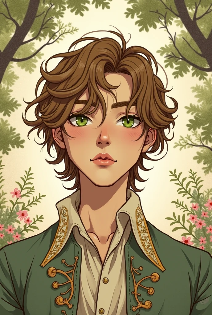 young man with brownish golden lightly-curly long hair and green eyes wearing 18th century shirt, in japanese manga style like mori kaoru