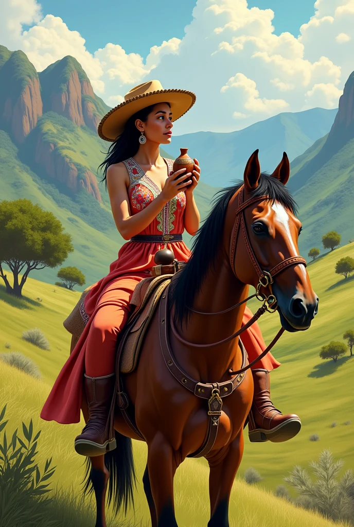 Brazilian woman wearing gaucho clothing riding a Creole horse and holding a mate chimarrão in her hand while looking at the landscape