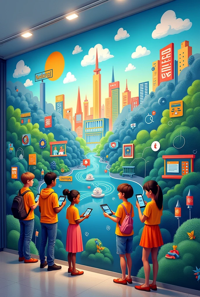 A modern mural painting with a themed 𝙁𝙧𝙤𝙢 𝘾𝙡𝙞𝙘𝙠𝙨 𝙩𝙤 𝙋𝙧𝙤𝙜𝙧𝙚𝙨𝙨: 𝙔𝙤𝙪𝙩𝙝 𝘿𝙞𝙜𝙞𝙩𝙖𝙡 𝙋𝙖𝙩𝙝𝙬𝙖𝙮𝙨 𝙛𝙤𝙧 𝙎𝙪𝙨𝙩𝙖𝙞𝙣𝙖𝙗𝙡𝙚 𝘿𝙚𝙫𝙚𝙡𝙤𝙥𝙢𝙚𝙣𝙩.


