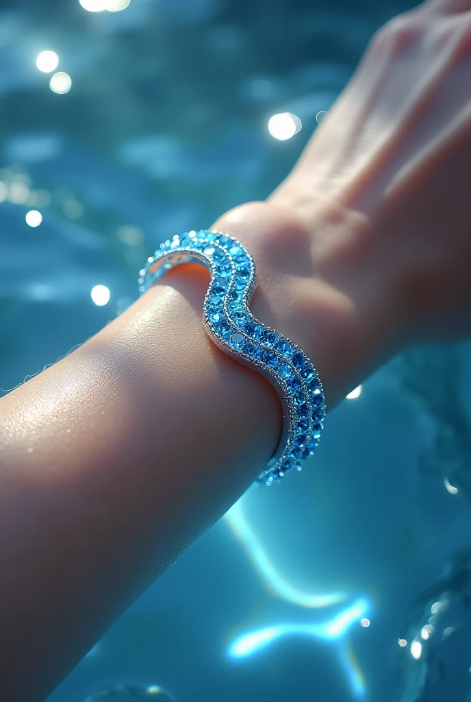 The heroine's bracelet is made of shiny silver. It is adorned with sky blue crystals that reflect the elegance and power of water. The pattern of the bracelet may be a wave of water that flows gently around the wrist. This pattern conveys the movement and calmness of the water power that she possesses.