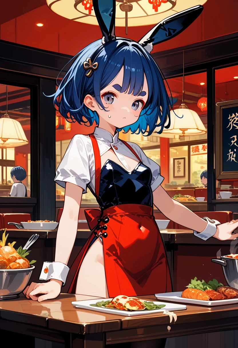 score_9, score_8_up,score_7_up,flat color,(best quality, masterpiece, ultra high-resolution, ultra-detailed,anime style illustration,(cooking dish using a wok),chinese restaurant Waitress,(Wearing a bunny girl costume in chinese restaurant),chinese bunny waitress, BREAK (girl,16yo,detailed face,(darkblue hair,wavy-short hair),middle thick eyebrows,middle small breasts),