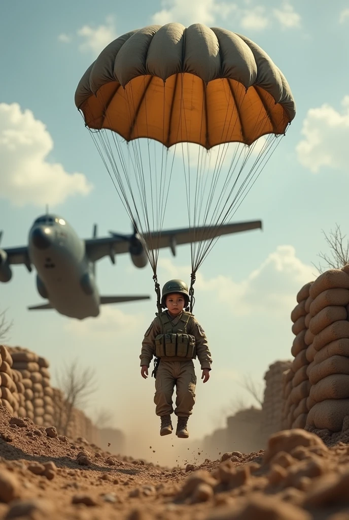 Child in Marine uniform and military helmet parachutes from C130 into defensive position in realistic full body style