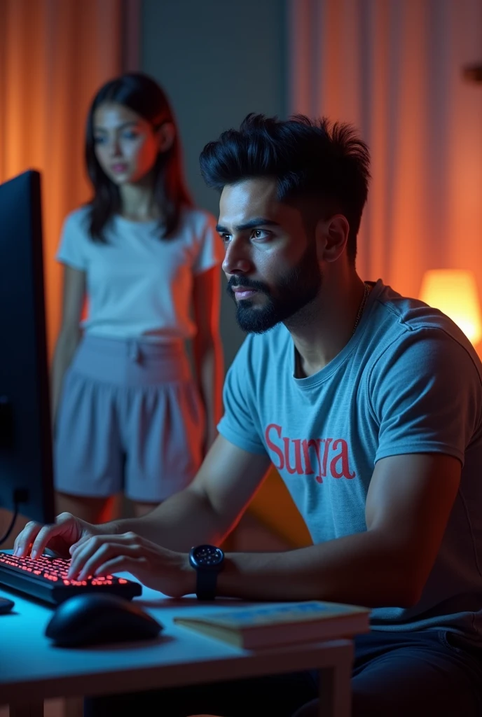 A man play the game in a room
The game run in a person’s computer.
Make a beauty full boy
Background is home
And a girl stand in her back side
The man name is surya .
Her body is so cool
The man is very stronger
The t-shirt print her name is surya