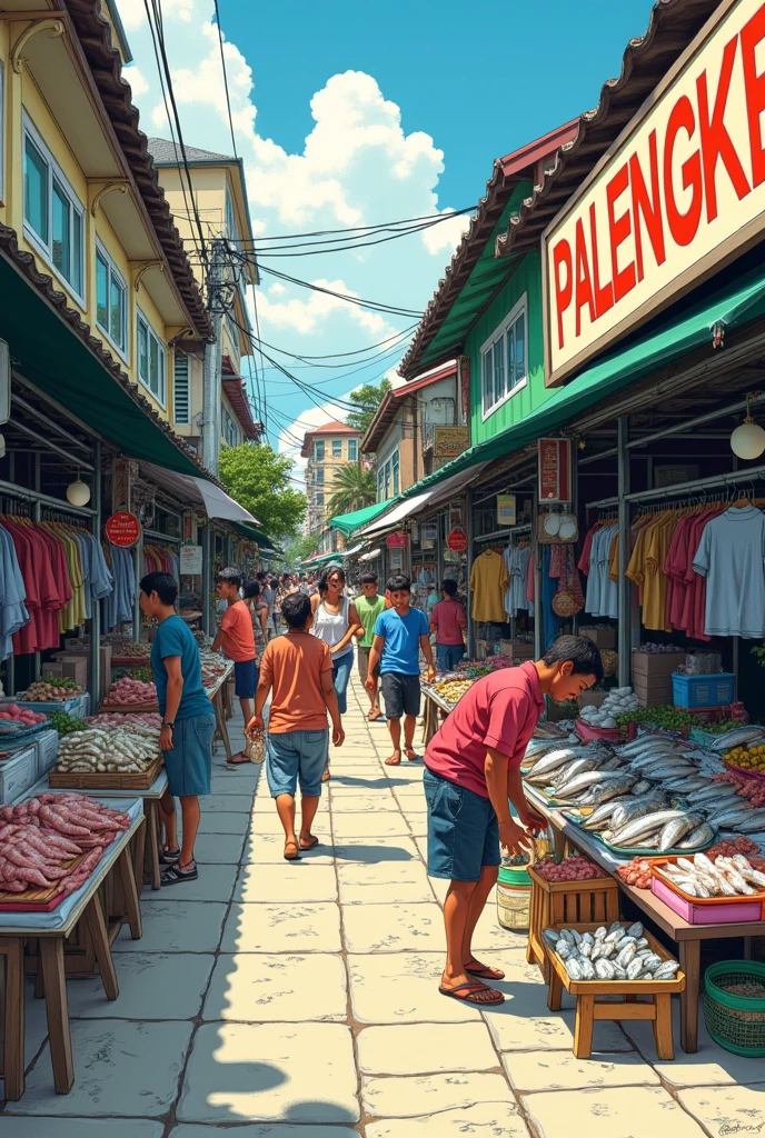 palengke and other people is buying fish separate clothes store drawing