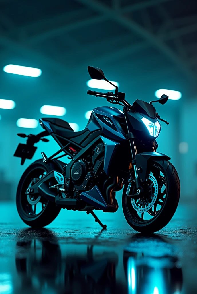 Create a stunning 4K cinematic image of a Yamaha MT-15 motorcycle wrapped in a sleek and modern color scheme, blending black and cyan. The design should be visually striking, with dynamic lighting and shadows that emphasize the bike's aggressive lines and contours. The overall mood should be bold and futuristic, capturing the essence of speed and power