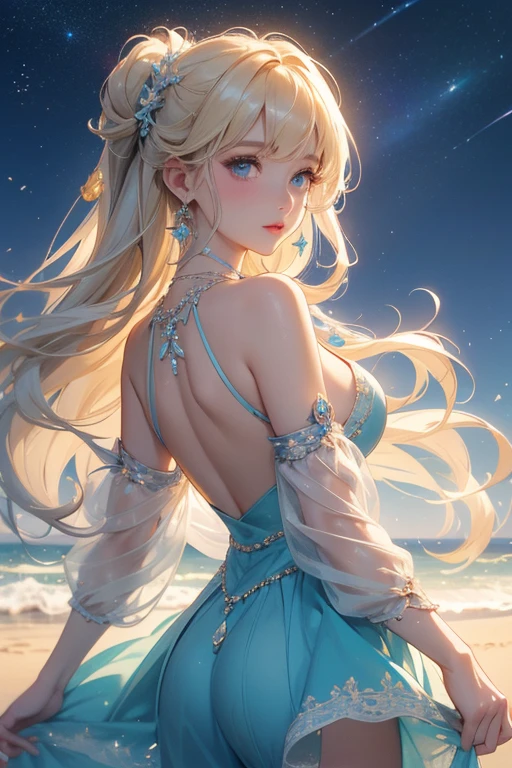 (masterpiece、Highest quality、8k、High resolution)、(The best beautiful girl)、Best Style、(The most beautiful face)、Beautiful Skin、Clean blue eyes、Beautiful Lips、Beautiful Nose、Blonde、Ample breasts、Walking on the sand、look back、The curves of her buttocks are round and beautiful..、Ocean、You can see the forest、A bright night with the stars clearly visible、Beautiful starry sky、milky way、(体whole bodyから神秘的な光の粒子、Colorful light)、The face is beautiful、(jewelry、necklace)、dress、(whole body)、Highly detailed anime art、A complete portrayal、