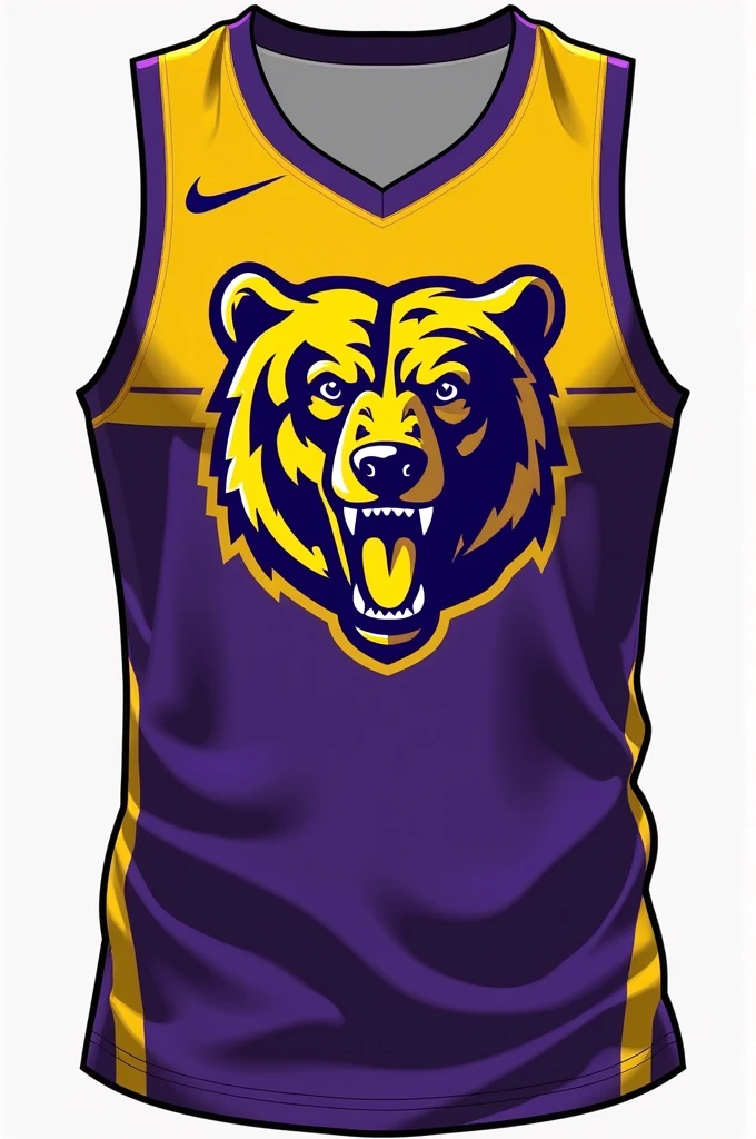 purple and yellow college athletic vest with a bear 