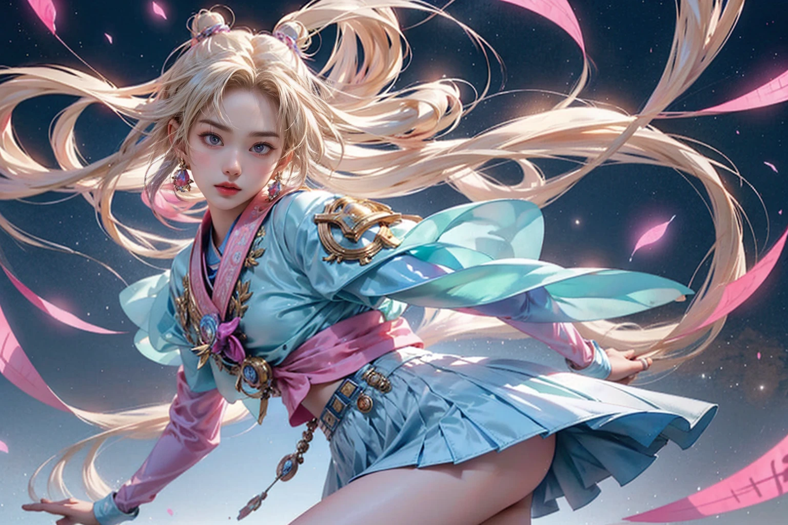 20 year old young Japanese woman, music, musical notes flying in the air, active, fantasy elements, gorgeous, vivid, colorful, gracious, attractive, best quality, high resolution, innovative, realistic.