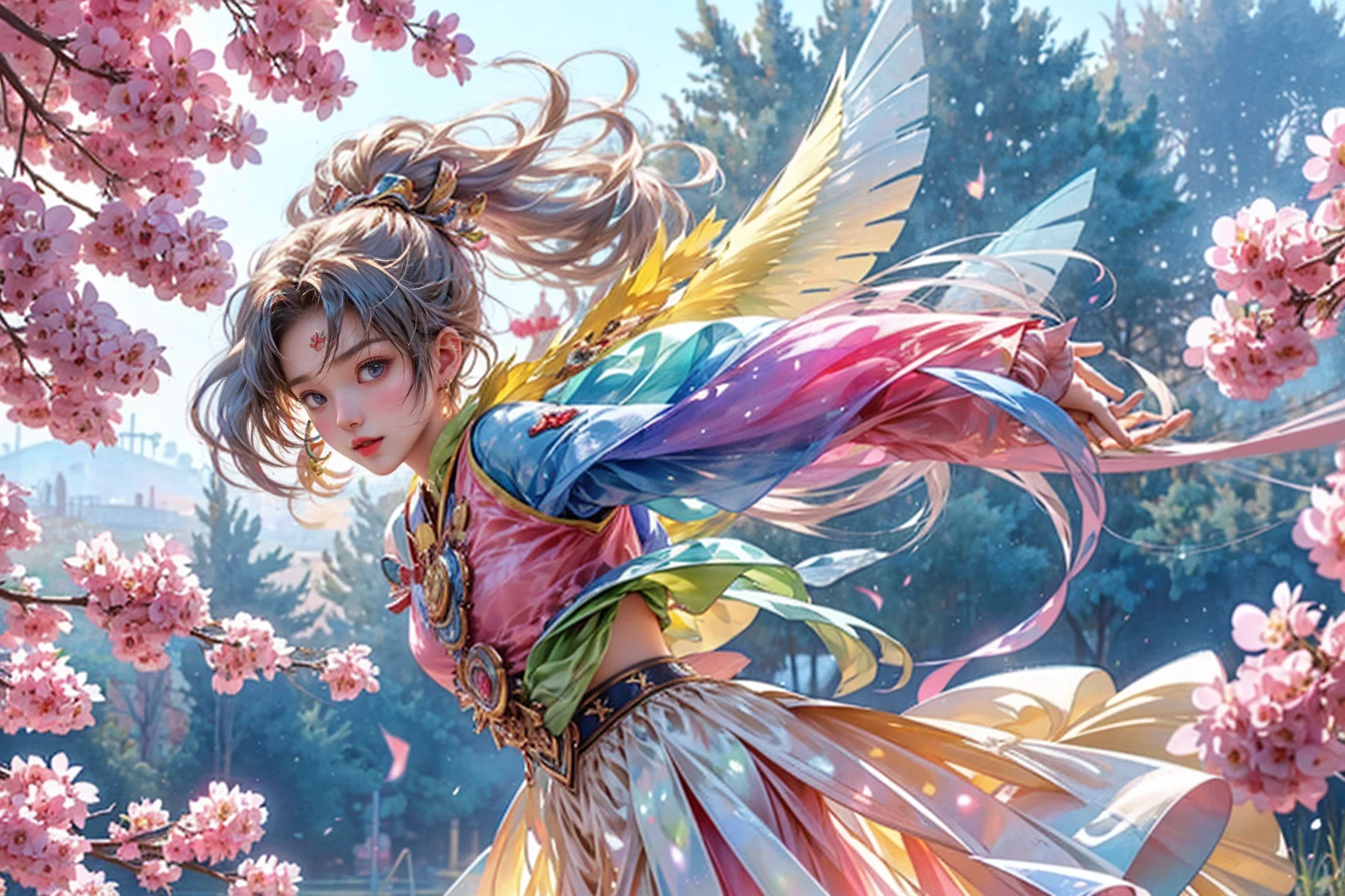 20 year old young Japanese woman, music, musical notes flying in the air, active, fantasy elements, gorgeous, vivid, colorful, gracious, attractive, best quality, high resolution, innovative, realistic.