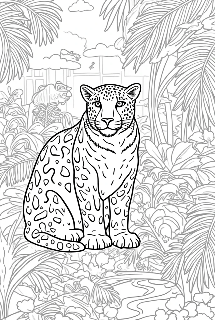 Generate a series of black-and-white illustrations suitable for coloring books, featuring animals of the Amazon rainforest. Each image should be highly detailed with clean, bold lines and should focus on a different Amazonian animal.
