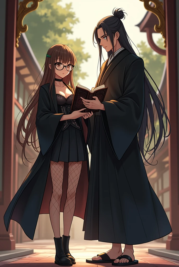 Caucasian female, アニメ, long hair with bangs and brown, eyes black, round eyeglasses, espartilho preto, black skirt and black coat, wearing black boots and fishnet stockings, holding magic book with a tall man, Older, white oriental long black hair, with bun hairstyle, eyes black orientais, wearing a Japanese kimono and sandals with socks, realisitic, アニメ