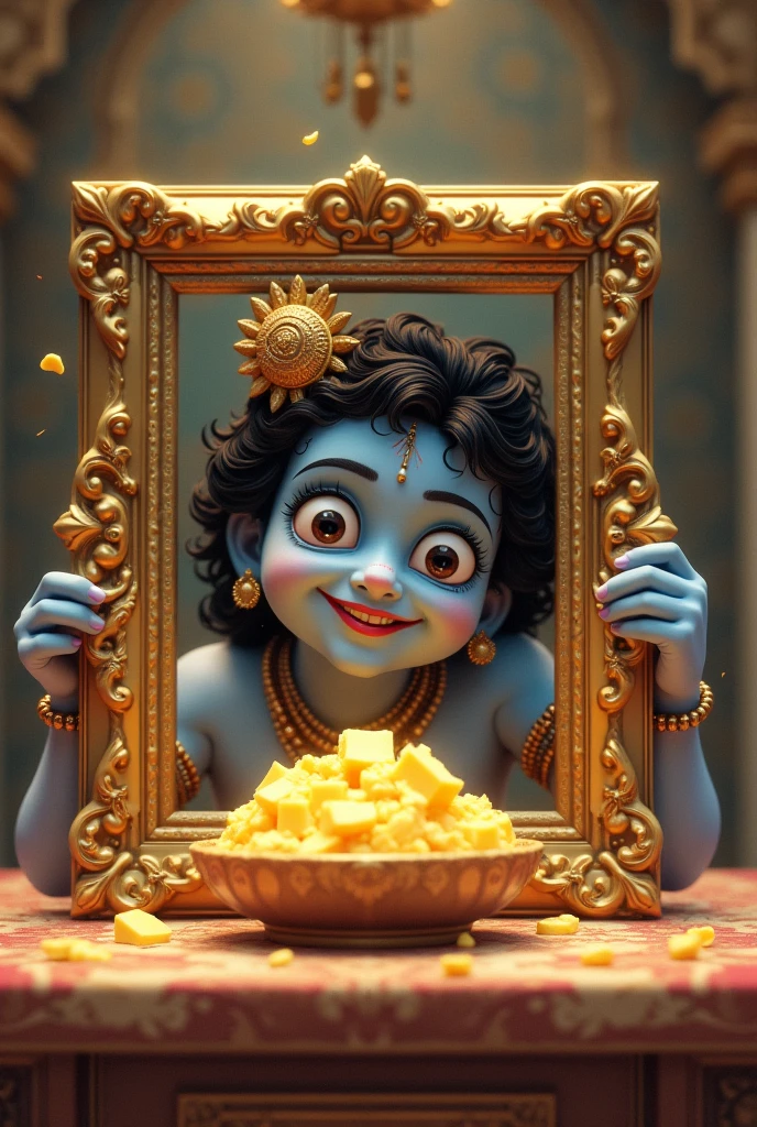Generate a high-resolution image of Krishna, the mischievous Hindu deity, playfully sneaking out of a broken Instagram post frame and reaching for a delicious bowl of golden butter on a ornate Indian table. Krishna should have a cheeky grin and a sparkle in his eye, showcasing his legendary love for butter.

Incorporate intricate Indian architecture and patterns in the background, blending traditional and modern elements. The color palette should feature warm golden tones, creamy whites, and a pop of bright blue to represent Krishna's divine presence.

Style: Whimsical, dreamy, and vibrant, with a mix of realistic and illustrative elements. Think 'mythology meets modern social media'!"