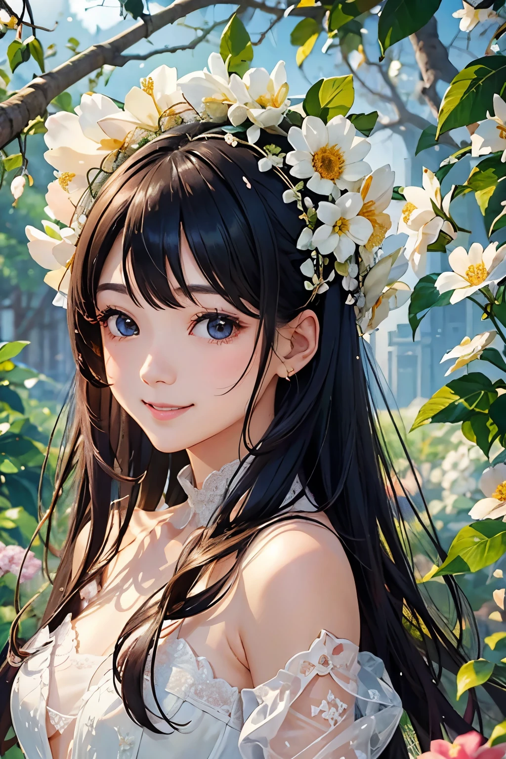 Very beautiful girl、(A smile that makes everyone around you happy)、(Surrounded by lots of flowers)、Beautiful Skin、Glowing Skin, bright, Refreshing and gentle look, Perfect beautiful face、Beautiful shiny bangs, Small breasts，Lace dress，See through，Transparent beautiful stained glass background, 