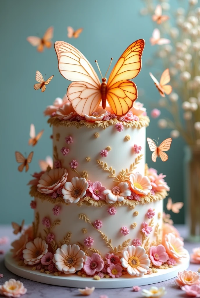 there is a cake with a butterfly decoration on it, ruffled wings, flowers and butterflies, butterfly, finely detailed, highly detailed and beautiful, detailed and soft, cake art, gossamer wings, highly professionally detailed, butterflies and worms, dreamy and detailed, detailed and bright, highly detailed!!, perfectly detailed, heavily detailed, harmony of butterfly, highly intricate