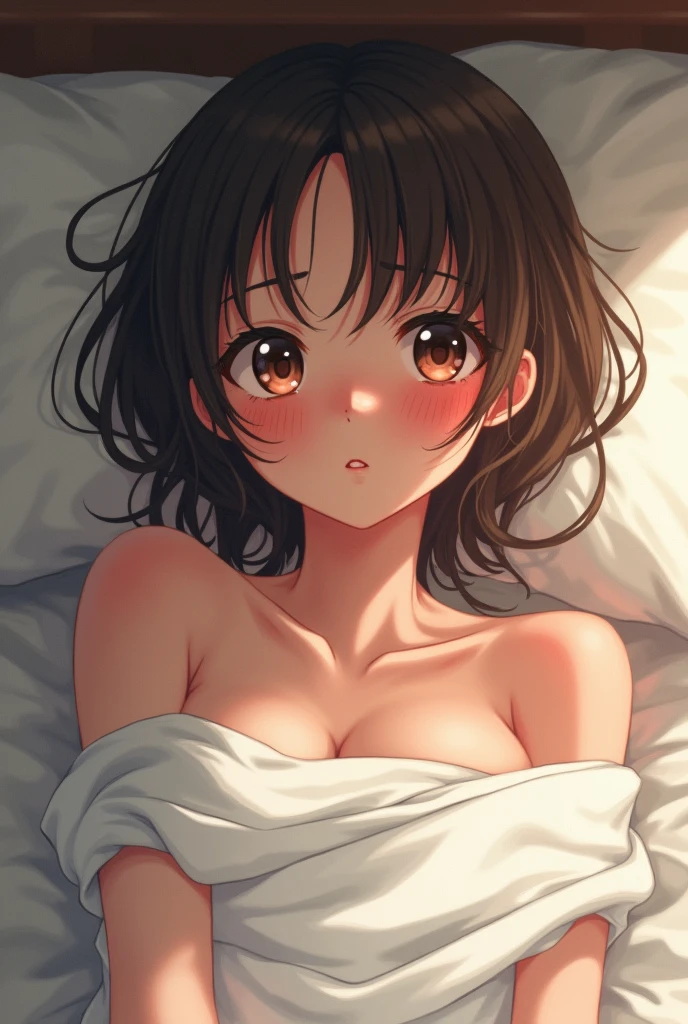 On the bed in the bedroom、She hides her large breasts with a white bath towel、 asian girl、Medium brown hair、Taking a selfie、Large breasts、Enchanted eyes、Red cheeks、Embarrassed、