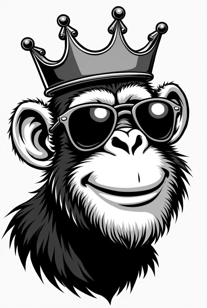 Affenkopf im comic style, ray ben sunglasses, crown, cheeky and light grin, black-and-white, leicht schräge grosse flache crown
