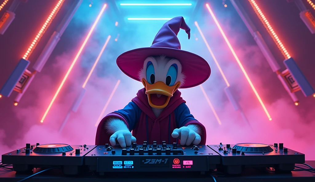 Donald Duck dressed as a wizard, being a DJ controlling a mixing board, EDM, in the background colored smoke and neon details, 2k image, scenography