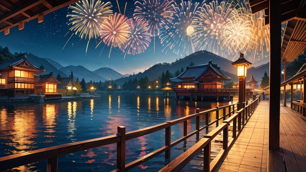 night view, by the lake, from the wooden bridge, you can see the Japanese summer festival from afar, there are fireworks in the sky, the sky is full of beautiful fireworks