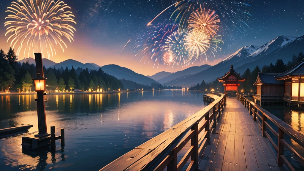 night view, by the lake, from the wooden bridge, you can see the Japanese summer festival from afar, there are fireworks in the sky, the sky is full of beautiful fireworks