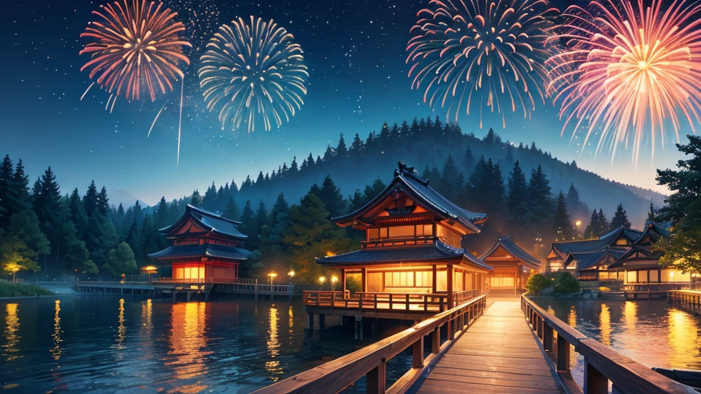 night view, by the lake, from the wooden bridge, you can see the Japanese summer festival from afar, there are fireworks in the sky, the sky is full of beautiful fireworks