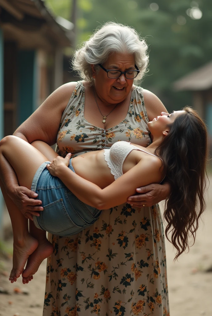 Create an image of a 90 year old lady, dark-skinned, that is fat, is wearing a floral dress and glasses. She is carrying on her right shoulder a young adult woman of 35 years of age., De pele clara, who has long brown hair, wearing denim shorts and a white lace bra and is being carried face down on the lady&#39;s shoulder, who is grabbing her by the buttocks 