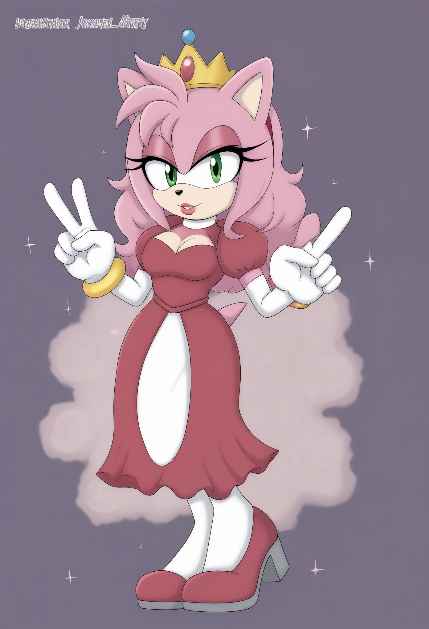 (1girl), (solo), Female Hedgehog, Amy Rose, Pink fur, long quills/hair, 3 large hair bangs, green eyes, slightly above average sized bust, milf, (dressed as a princess), dress similar to Princess Peach outfit, gold crown, red dress, puffy sleeves, (long white gloves), dark red panniers at the waist of dress, makeup, lipstick, eyelashes, puzzled expression, eyelids semi closed, slight cleavage, v-neck, full body, daytime, mobian, mobius city