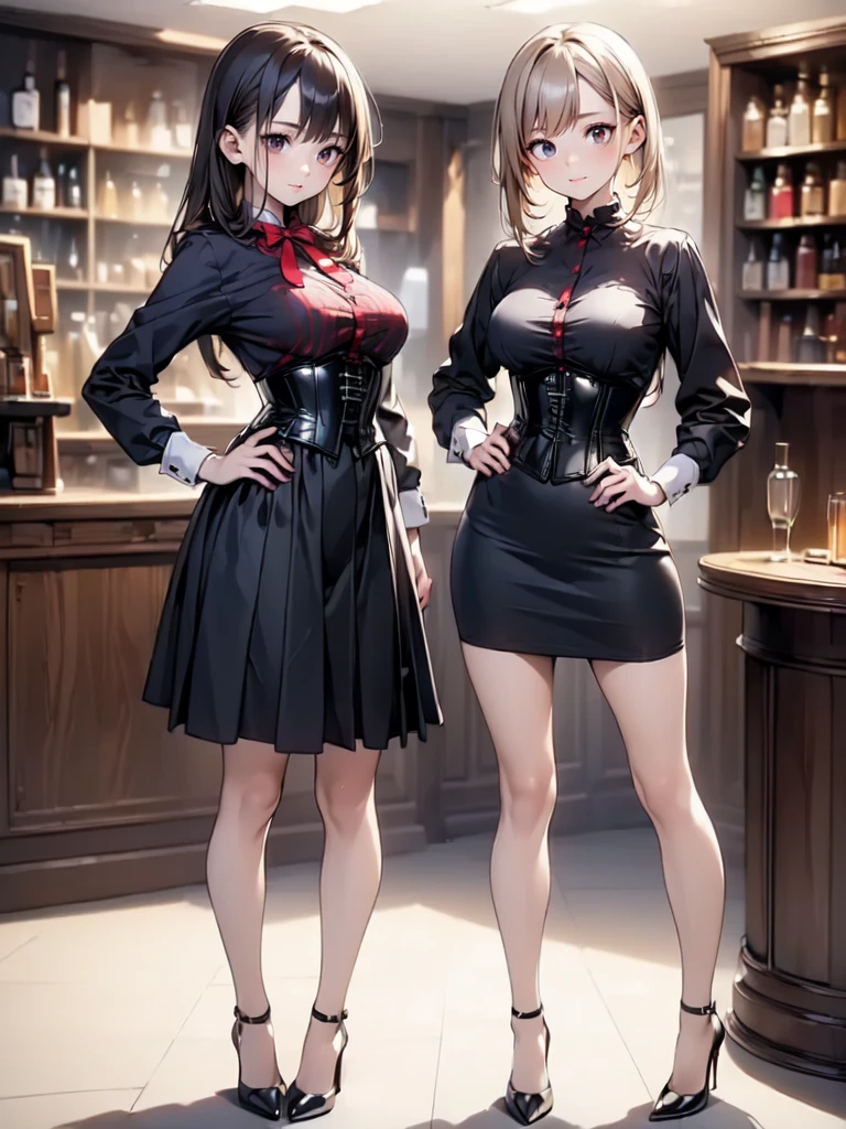 (masterpiece, best quality, highest quality, Masterpiece, 8k:1.5), (kawaii:1.2), (Full Body Shot,Including face,1girl,Focus on the face,Symmetrical facial features), Beautiful woman, (slender), ((High heels)), Detailed depiction of the face, Black Eyes,Cafe,bar, (Red checked skirt,corset,clerk,uniform),Inside the store,Window Cleaning, (multiple:-1.2),