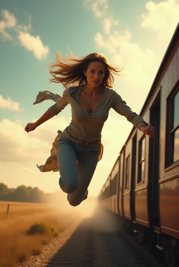 Generates a woman jumping off a train, outside the train, moving