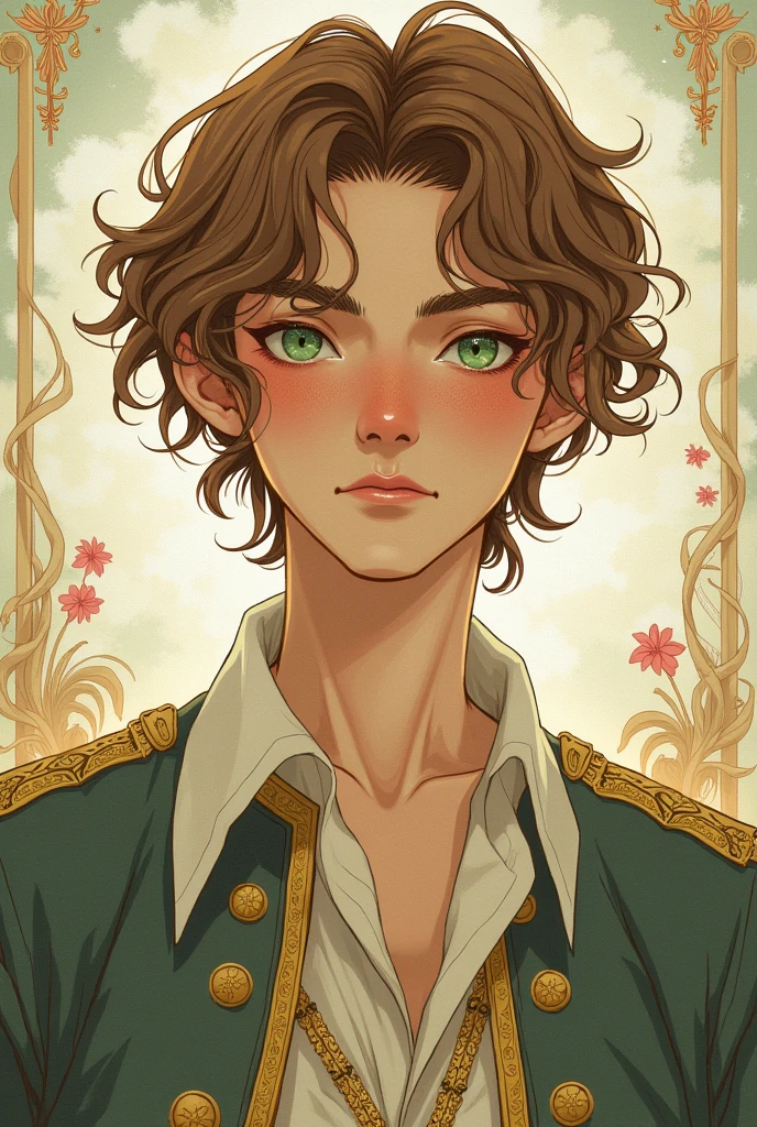 young man with brownish golden lightly-curly long hair and green eyes wearing 18th century shirt, in japanese manga style like mori kaoru