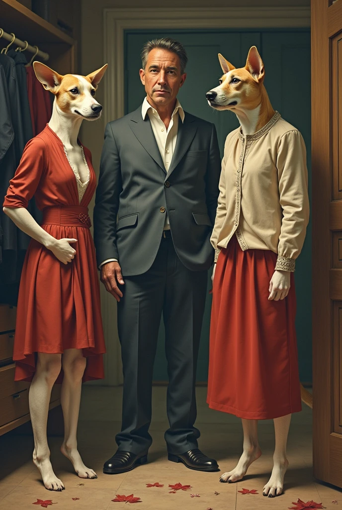 A Danish girl in a red dress hugs her pet dog Teddy, happy expression, detailed portrait, real, strong texture, medium shot, half body shot, glare background, realistic painting