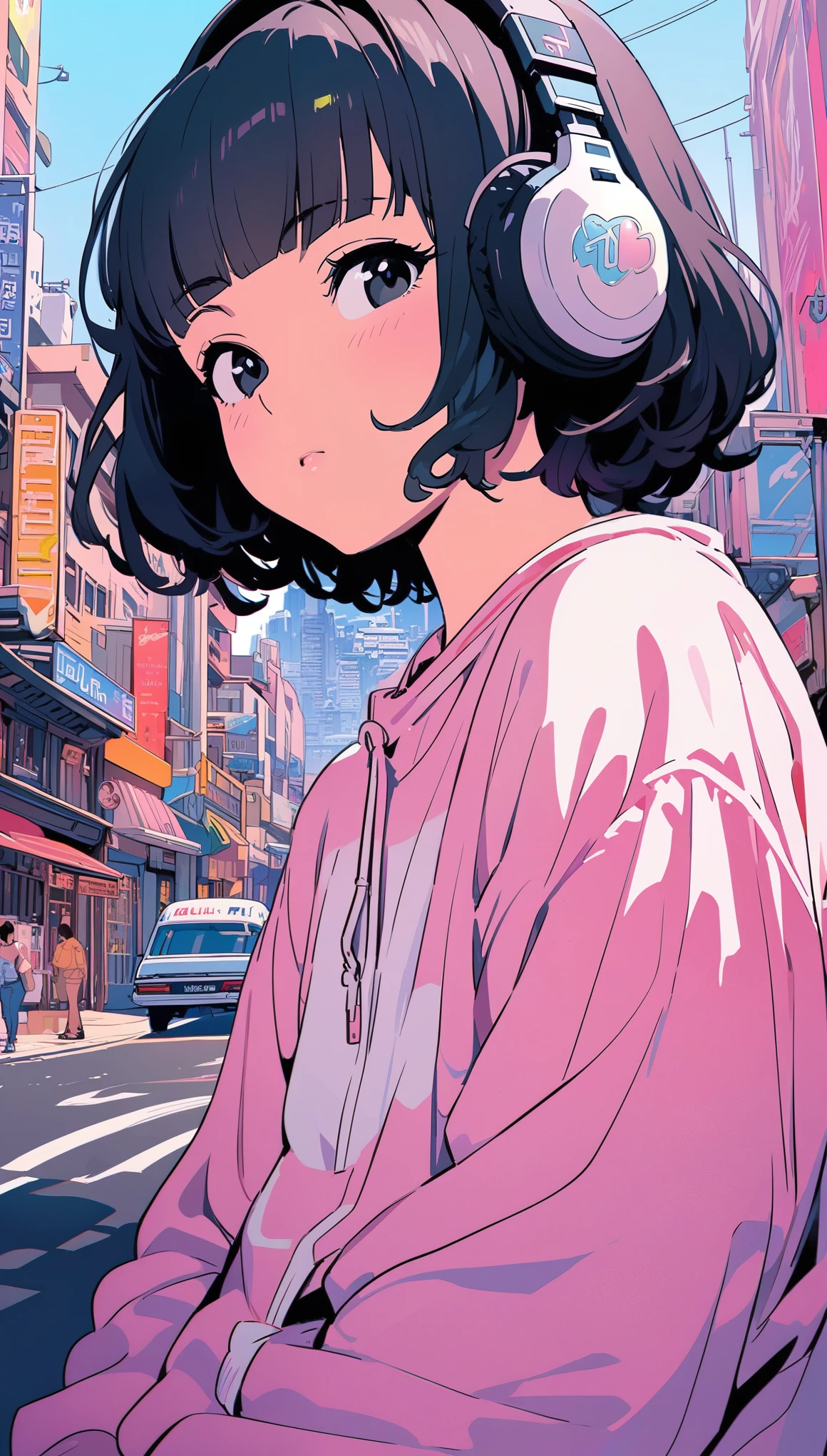 (extremely detailed CG unity 8k wallpaper), (best quality), (best illustration), (best shadow), realistic lighting, beautiful detailed reglow, masterpiece, best quality, lofi artstyle, lofi art, city, town, 80s anime style, Retro, Lo-Fi, 1girl, bangs, black eyes, black hair, blunt bangs, half-closed eyes, headphones, long sleeves, shirt, short hair, simple background, solo, upper body