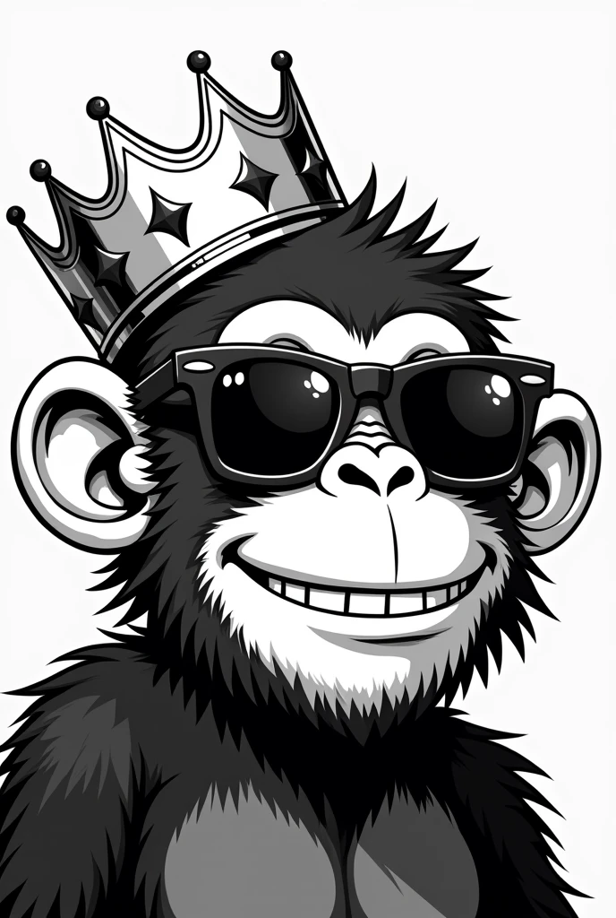 Affenkopf im comic style, ray ben sunglasses, crown, cheeky and light grin, black-and-white, leicht schräge grosse flache crown